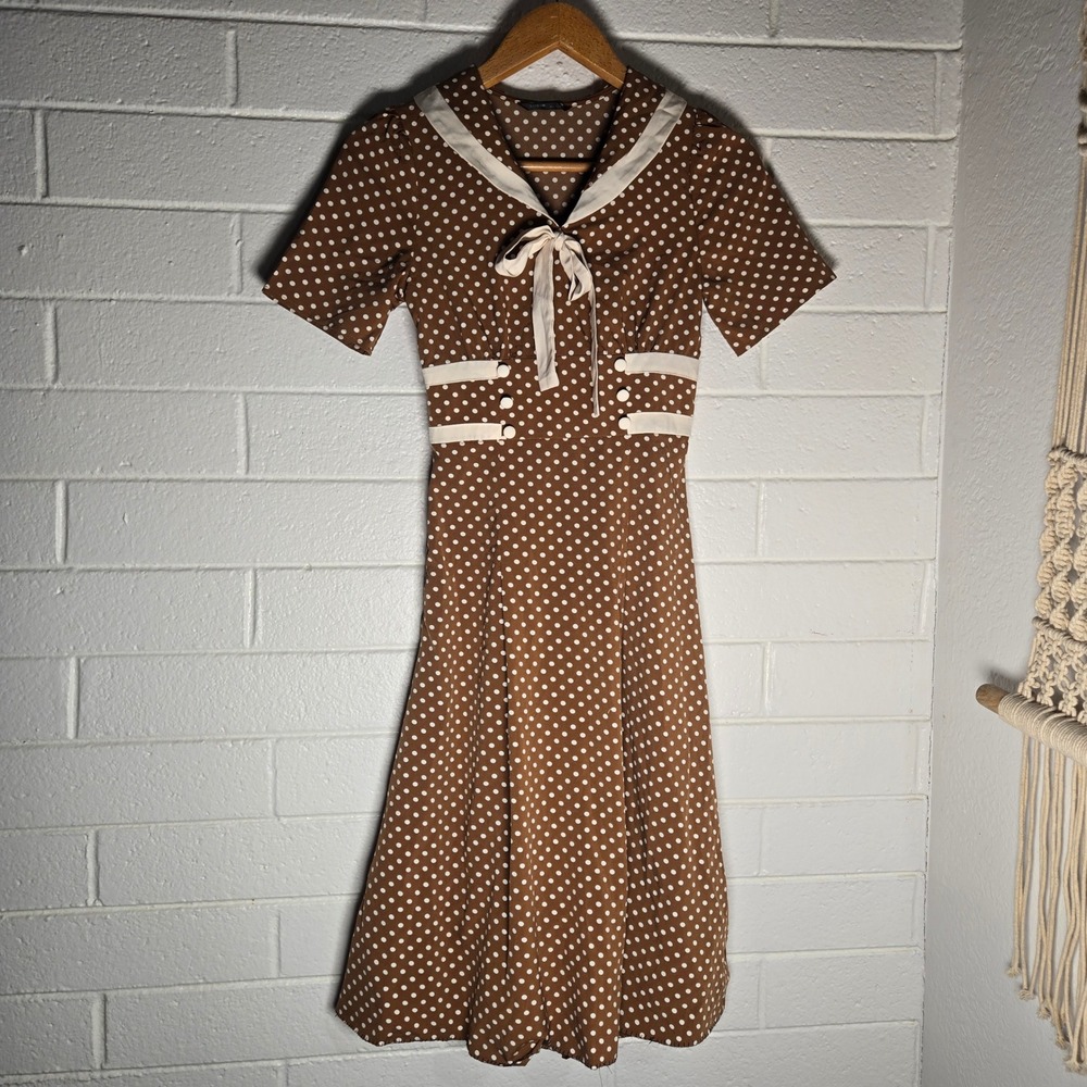 SHEIN Womens Dress Polka Dot Brown Sailor Collar Retro Rockabilly Nautical XS